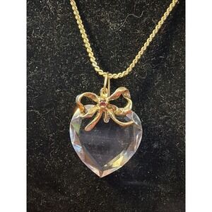 Vtg Lenox Crystal Love Heart With Bow & Small Ruby Pendant